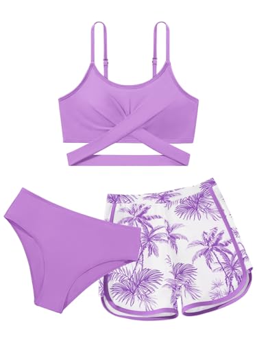 Image of Girl's 3 Piece Bikini Set Cross Strap Swimsuits for Girls Bathing Suit with Shorts Teen Swimwear Swimming Suit
