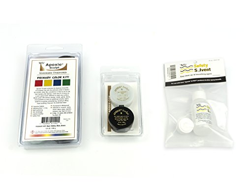 Apoxie Sculpt Color Kit Bonus Bundle - Primary Colors (Red, Blue, Yellow, Green), 1 Apoxie Sculpt White 1/10 lb Refill, Aves Safety Solvent 1 Fl. Oz.