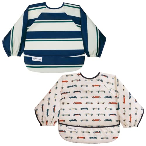 Image of Tiny Twinkle Long Sleeve Bib for Babies&Toddlers|2-Pack Waterproof Smock Bib for Eating|Machine Washable&Mess-Proof Feeding Essentials|Newborn Shower Gift(Rugby Stripes,Vintage Cars,6-24M)