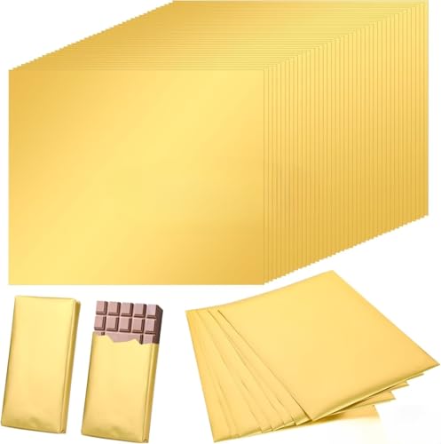 CHOULULUED 100PCS Chocolate Bar Wrappers，6.2" X 7.5"Gold Foil Candy Wrappers, Butter Wrappers Homemade Individual Aluminum Packaging Wrapping Sheets for Baby Shower Birthday Gifts