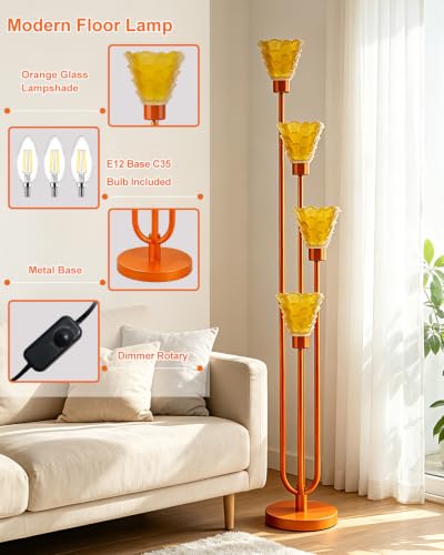 Image of Lightdot Glass Floor Lamp Dimmable 4-Light Orange Shade Gold Floor Lamps | Mid Century Modern Standing Tall Lamp with 5Lbs Heavy Base for Living Room /Bedroom /Sofa Beside /Corner Decor -Bulbs Included