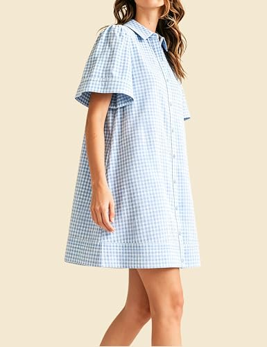 Image of Womens Short Sleeve Button Down Mini Shirt Dress Lapel Collar Short Dresses with Pocket