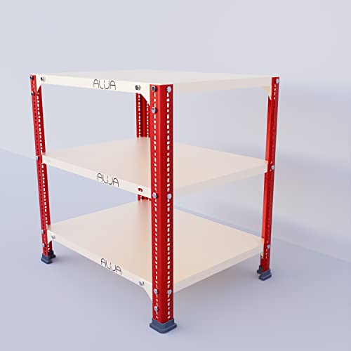 Image of ALIJA️ Slotted Angle Metal Rack (2 x 2 x 1.5 Ft. / 24 x 23 x 18 Inch) with 3 Shelves (Red and Ivory, 20 Gauge Shelves, 14 Gauge Angle)
