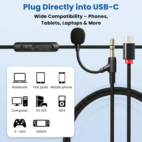 Image of ZORBES Type C to 3.5MM Audio Cable with Mic & Inline Control, 1.5M Nylon Braided 3.5MM Jack to Type C, Volume & Playback Button, Clear Voice Call & Gaming Chat, Compatible with Phone, Tablet & Laptop