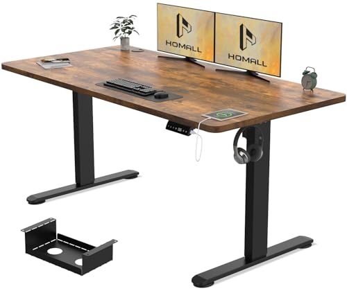 Homall Electric Standing Desk 140x70cm Height Adjustable Sit Stand Desk with USB Charging, Time Reminder, 3 Memory Settings, Wire Management Tray, Rustic Brown
