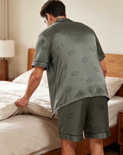 Image of SWOMOG Men Satin Silk Pajamas Sets Short Sleeve Sleepwear Button-Down PJs Sets Two-Pieces Loungewear with Pockets