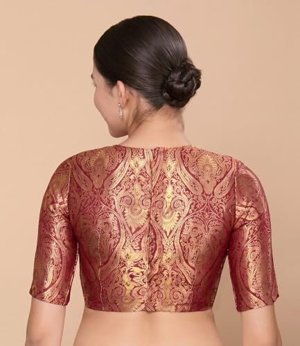 Image of Studio Shringaar Women Brocade Silky Jewel Neck Readymade Elbow Length Sleeve Saree Blouse