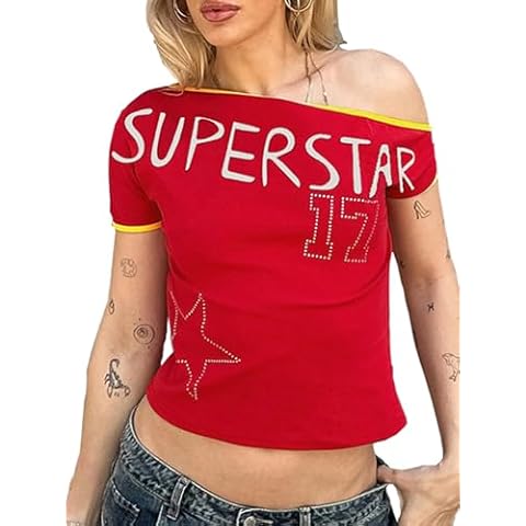 Qhpzcy Women Slim Fit Y2k Graphic Off The Shoulder Short Sleeve T Shirts Sexy Crop Tops, Red, Medium Cover