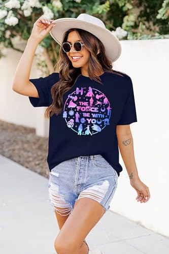 Image of FRYAID Women May The Power Be with You Graphic T Shirt Short Sleeve Casual Tops Summer Fun Vacation Shirt Soft Casual Fit