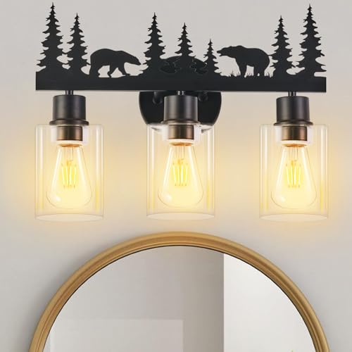 Image of Rustic Bathroom Light Fixtures, 3-Light Farmhouse Vanity Lamp with Bear Design and Clear Glass Shade, Black Wall Lighting for Bathroom, Hallway, Kitchen, Porch