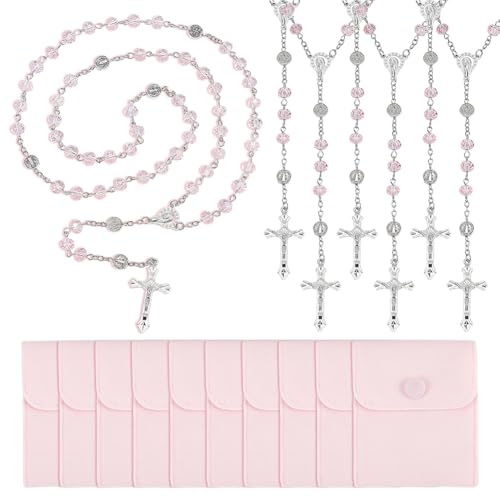 Collier chapelet en cristal rose de qualité supérieure avec croix en métal