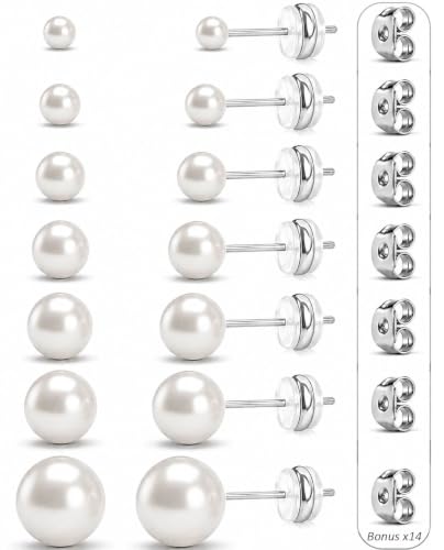 Stud Earrings Set, Stainless Steel, Silver Pearl 7 Pairs