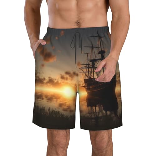 Men's Swim Trunks Quick Dry Bathing Suits Ship in The Lake Sunset Beach Board Shorts Swimwear with Pockets