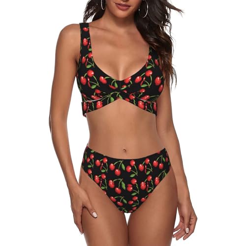 Red Cherry Black Cherries Leaves Leaf Bikini Set for Women Two Piece Swimsuit Print Sexy High Waisted Swimwear V Neck Cheeky Bathing Suit