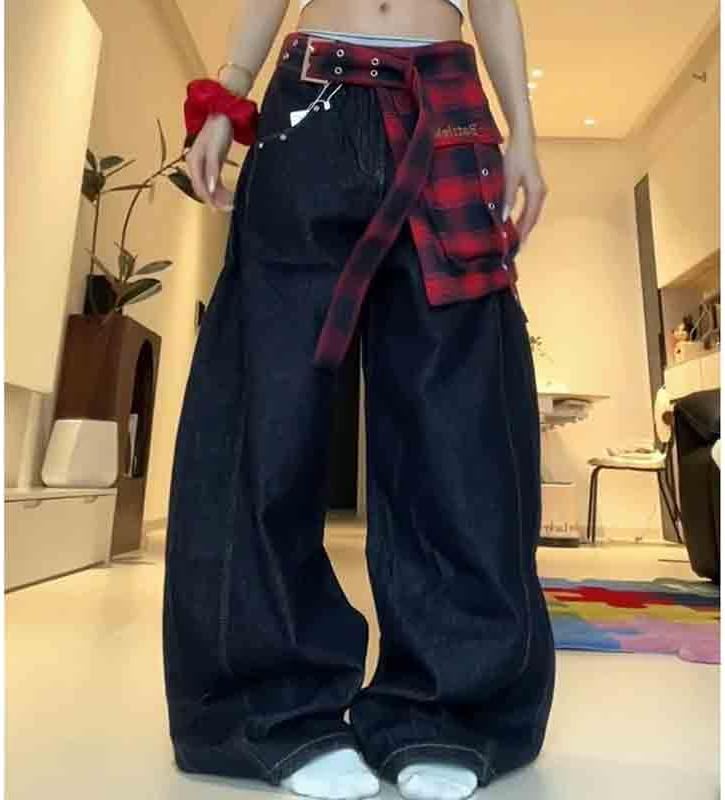 Women's Embroidered high Street Fart Curtain Plaid Jeans Wide Leg Curved Knife Casual Pants - Image 4
