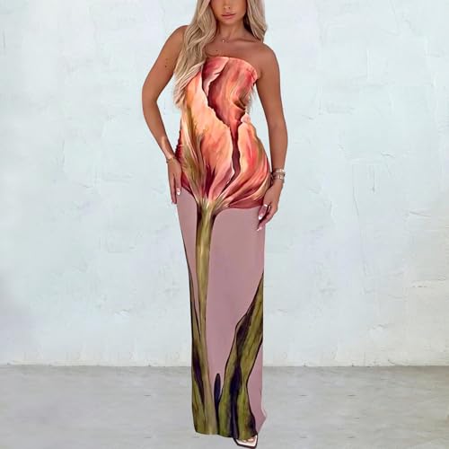 Image of Women Y2k Strapless Maxi Dress Summer Backless Floral Long Tube Dress Off Shoulder Cocktail Party Dress, X-Large