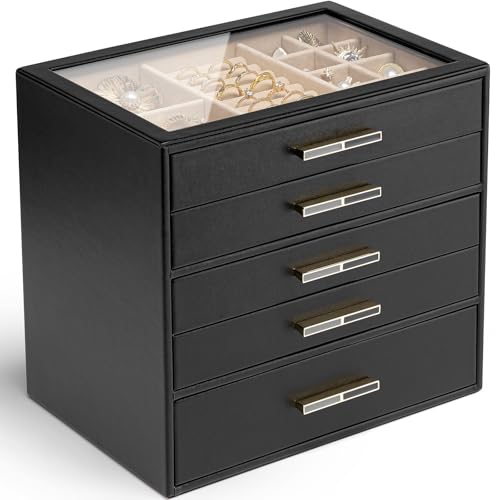 Vlando Jewellery Box for Women, Glass Lid Jewellery Organiser with 5 Drawers for Ring, Necklace, Earring, Bracelet,Gift for Women,Black 5 Layer D.black