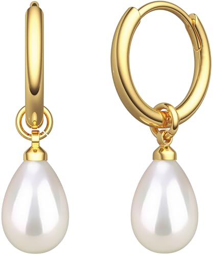 BELVOIR 14K Gold Pearl Earrings for Women Elegant Pearl Drop Earrings, Lightweight Pearl Hoop Earrings for Women, Leverback Wedding Bridal Jewelry Gift