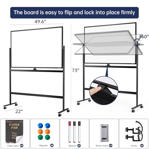 Image of Large Dry-Erase Rolling Magnetic Whiteboard - 48 x 32 Inches Dry Erase Board with Stand Height Adjust Double Sides Mobile White Board Easel on Wheels with 25 Sheets Paper Pad Office, Home & Classroom