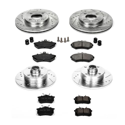 Image of PowerStop Front and Rear Brake Kit for Volkswagen Passat 1995-97 - Drilled and Slotted Disc Rotors with Carbon-Fiber Ceramic Brake Pads Replacement, K376