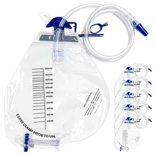 Carbou 2000ml Urine Drainage Bags 6 Pcs Catheter Bags with Anti-Reflux Chamber - 48 Drainage Tube with Clamp & Hook Quick-Release Drain Port