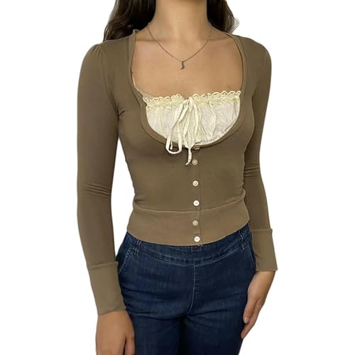 Chic Chemises Décontractées au Patchwork de Dentelle et Boutons Mignons