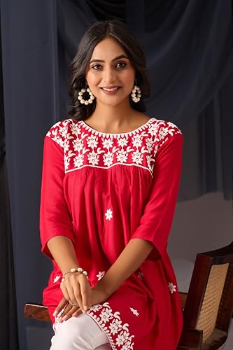 Image of Sidhidata Rayon Floral Embroidered Short Kurti | Short Anarkali Kurti for Girls | Women's Casual Sleeveless Printed Top | Tops for Women (Kurti Myra)