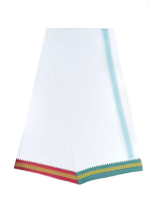 cottontail Traditional Cotton Lungi, White with Colorful Border, Indian Ethnic Wear 2.25mtr-picture-11