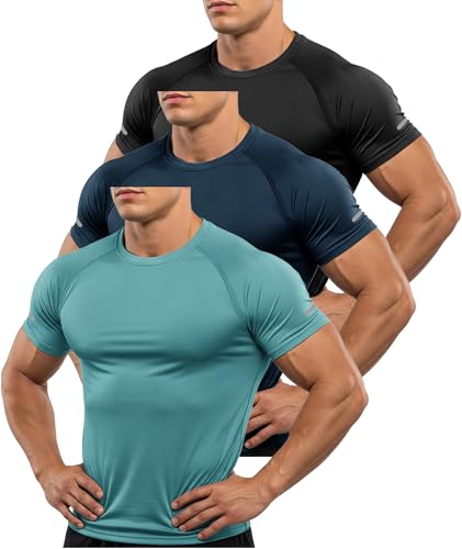Image of ZITY 3 Pack Mens Gym T Shirt Sport T-Shirts for Men Gym Tops Short Sleeve Shirts Breathable Training Tshirts Running Workout Tee Shirts Light Blue+Navy Blue+Black S