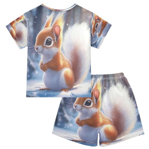 ALAZA Funny Squirrel Snow Pajamas Set Short Sleeve Cotton Sleepwear Summer Pjs 2 Piece 5-14Y2