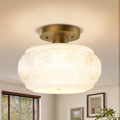 OYKYOHEI Semi Flush Mount Ceiling Light, Milk Glass Shade Modern Ceiling Light Fixture, Vintage Gold Lighting for Hallway Bedroom Entryway Kitchen Porch