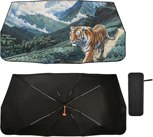 車用サンシェード 傘型 軽自動車 断熱 おしゃれ 遮光 フロントサンシェード タイガー 虎 とら 絵画 人気 折り畳み式 フロントガラス UVカット