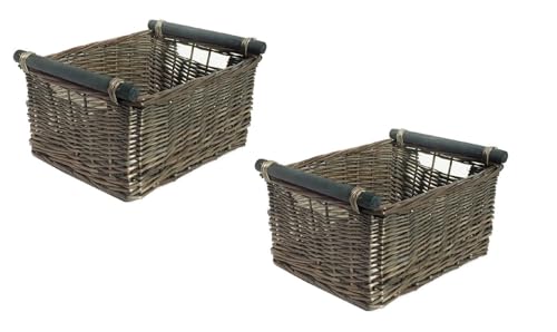 Set Of 2 Kitchen Log Fireplace Wicker Storage Basket With Handles Xmas Empty Hamper Basket [Oak,Set Of 2 Medium 38X30X18Cm]