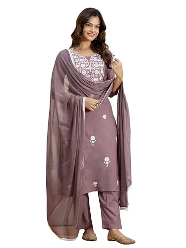 Image of TRENDMALLS Women's Cambric Cotton Embroidery Work Kurta Pant with Dupatta Set