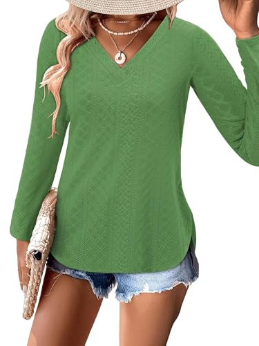 KISSMODA Long Sleeve Fall Shirts For Women V Neck Tunic Tops Embroidered Button Down Knitted Blouses 2025