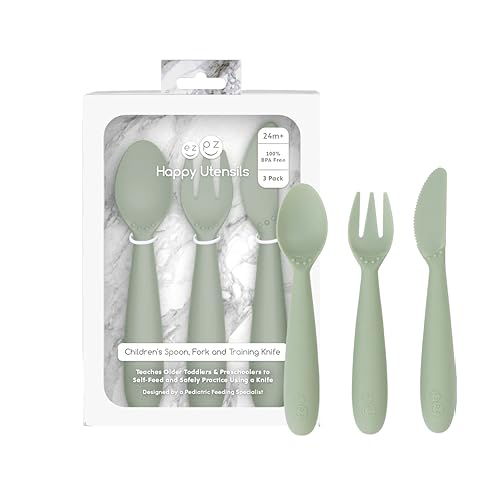 ezpz Happy Utensils (Sage) - 24 Months+ - Fork, Spoon and Knife