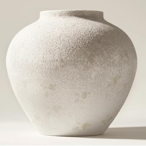 White Rustic Large Round Vase for Table Centerpieces 11 inches Arina Vase Earthy Stone Look Textured Modern Homes Farmhouse Centerpiece Decor