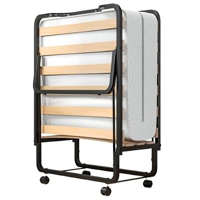 ERGOMASTER Folding Bed with Mattress, Rollaway Bed, Foldable Guest Bed with Lockable Wheels and Space Saving Design, Portable Metal Frame Bed Mfor Adults Travel Temporary Sleeping, White