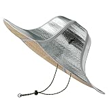 適応サイズ（約）頭囲50～60cm 材質：表側：アルミ蒸着シート、裏側：天然草木（い草） パイピング部分：ポリエステル100％、あごひも部分：ポリエステル100％ 中国製/(企画デザイン：日本) 本体：(約)45×45×16㎝ 本体重量：80ｇ