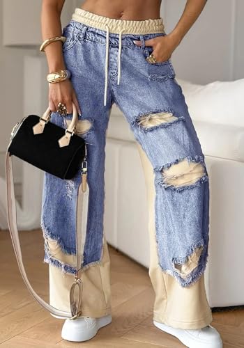 LETSVDO Womens Baggy Patchwork Jeans Wide Leg Drawstring Elastic Waist Ripped Y2k Stretchy Denim Pants Sweatpants2