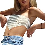 AINIJIA&HOLO Women's Sexy Pearl Beaded Cropped Top,Sleeveless Spaghetti Straps Crop Navel Cutout Pearl Vest (D)