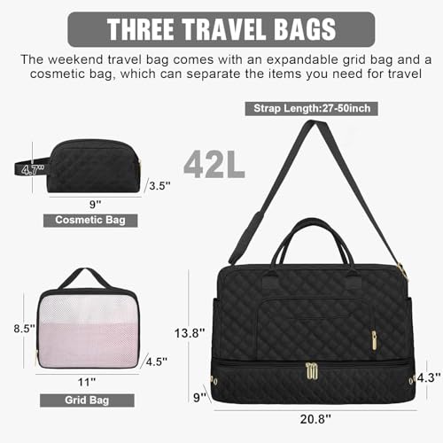 ATTMU Travel Duffle Bag, Weekender Bags for Women with Shoe Compartment, Carry on Overnight Hospital Duffel Bag with Wet Toiletry Pocket for Woman Labor Delivery, Gym, Business Trip, Yoga Black