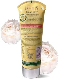 Lotus Organics+ Sheer Brightening Mineral Sunscreen | Non Greasy & Lightweight | SPF 50 | PA+++ | 100% Certified Organic White Peony | Fights Tanning & Pigmentation | All Skin Types | 100g