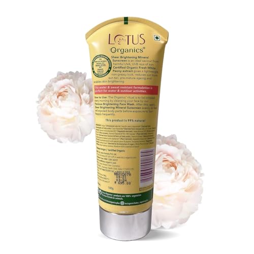Lotus Organics+ Sheer Brightening Mineral Sunscreen | Non Greasy & Lightweight | SPF 50 | PA+++ | 100% Certified Organic White Peony | Fights Tanning & Pigmentation | All Skin Types | 100g