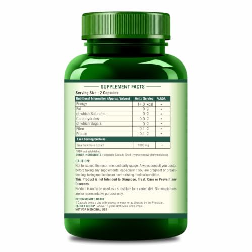 Image of Sea Buckthorn Capsules 1000mg Per Serving | Sea Buckthorn Extract | Natural Source of Vitamin A, B, C & E | Omega 3, 6 & 9 | Plant Based Antioxidant Supplement | Daily Wellness Support | 60 Veg Capsules for Men & Women