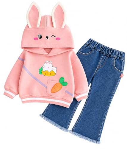Image of Bold N Elegant Girl's Denim Solid Full Sleeve Bunny Print Sweatshirt Hoodie And Jeans With Frayed Hem