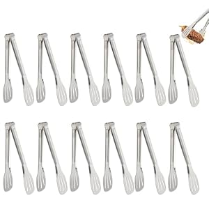12 Pack Stainless Steel Buffet Cooking BBQ Salad Sweet Tongs Pasta Tongs for Home Kitchen Bar Party Utensils(7-Inch)