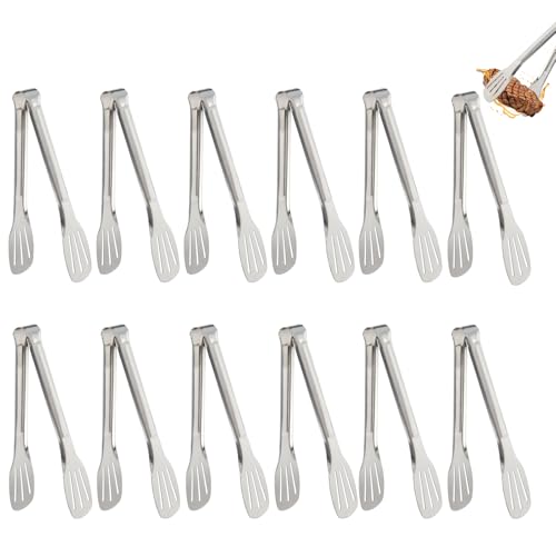 12 Pack Stainless Steel Buffet Cooking BBQ Salad Sweet Tongs Pasta Tongs for Home Kitchen Bar Party Utensils(7-Inch)