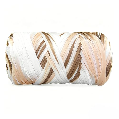 Image of 400g T Shirt Yarn, Tshirt Crochet Yarn for Crocheting Bag /Craft Project /Home Decor, 14.1oz /400g, 120yd /110m Crochet with Polyester Spandex Blend Stretch Fabric(White&Khaki)