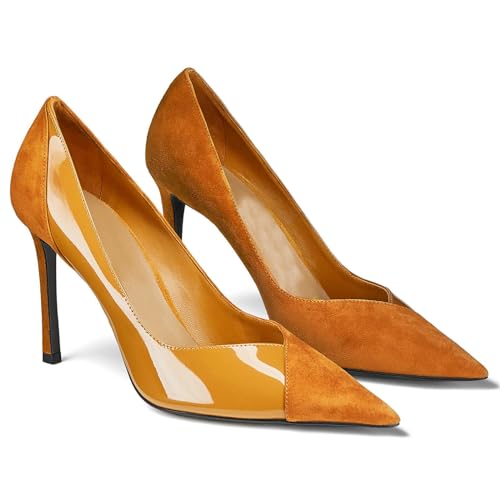 Coutgo Womens Pointed Toe High Heels Pumps Patent Suede Stiletto Heel Slip on Office Party Wedding Dress Shoes, Brown, Size 7 by Coutgo - Used condition - US$29.99
